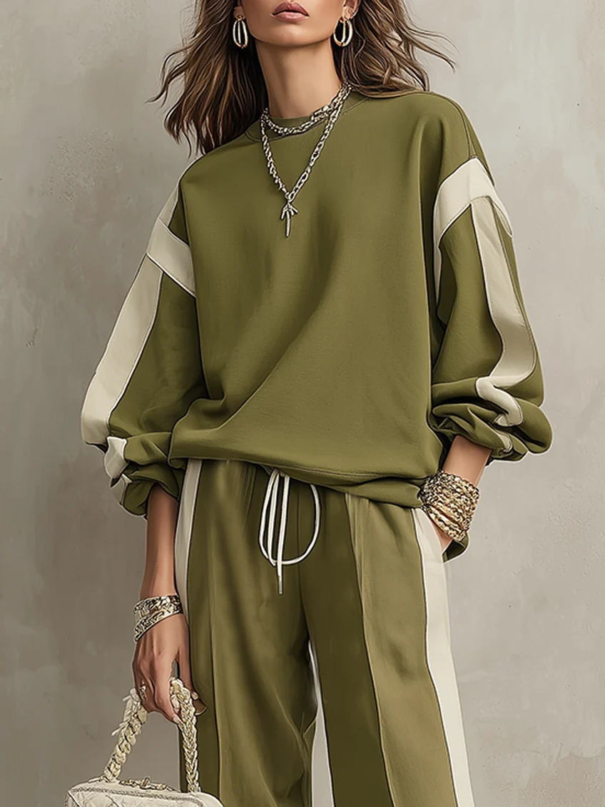 Olive Green Crew-neck Sweatshirt And Drawstring Wide-leg Pants Casual Set