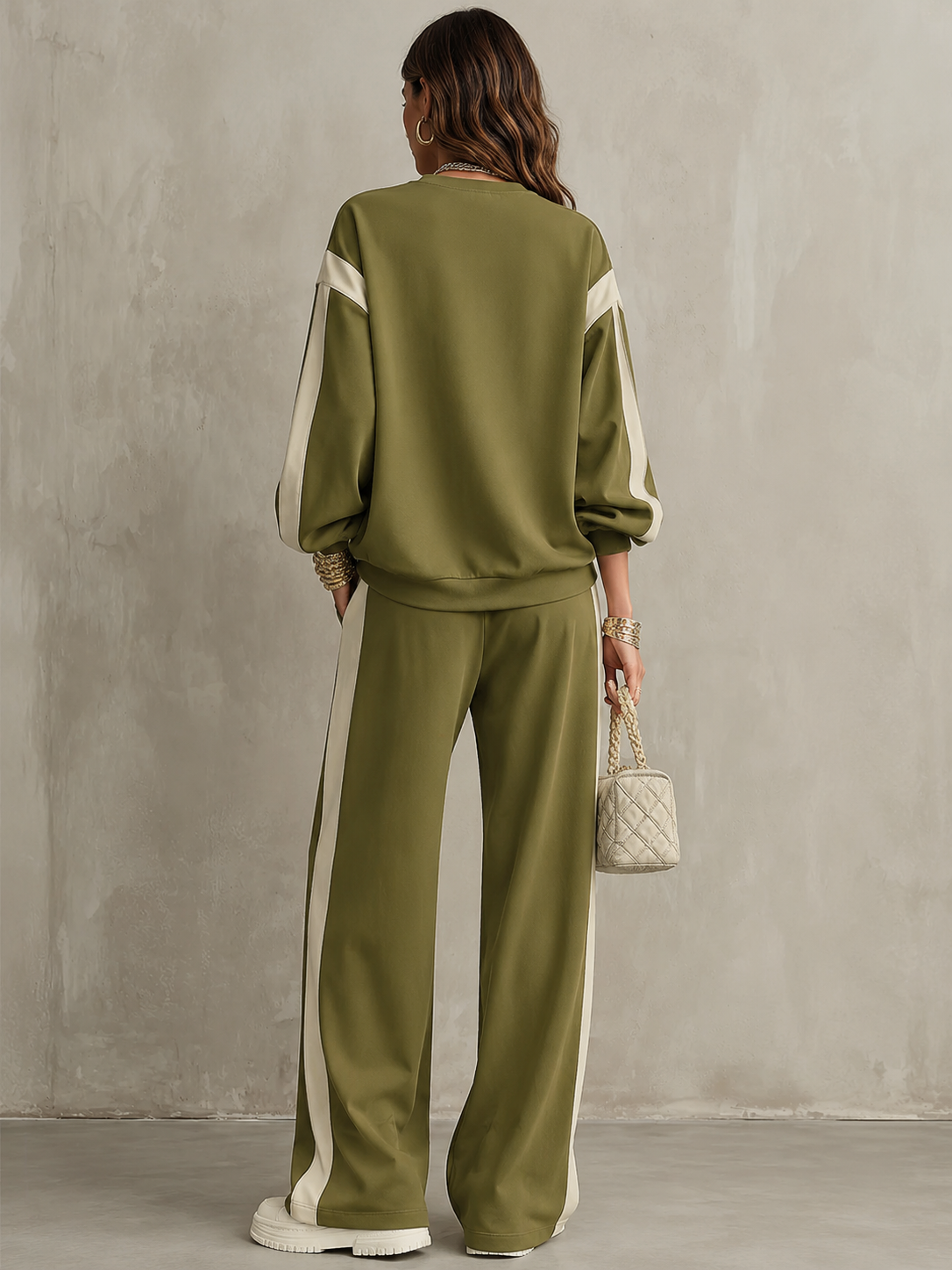 Olive Green Crew-neck Sweatshirt And Drawstring Wide-leg Pants Casual Set
