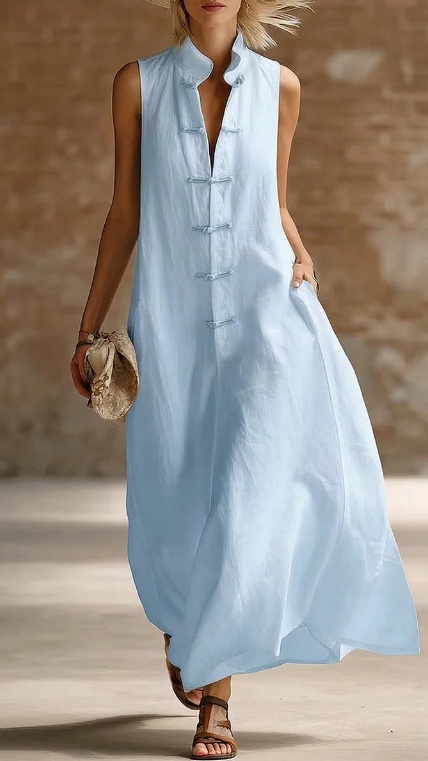 Women's Loose-Fit Stand-Collar Linen-Cotton Dress