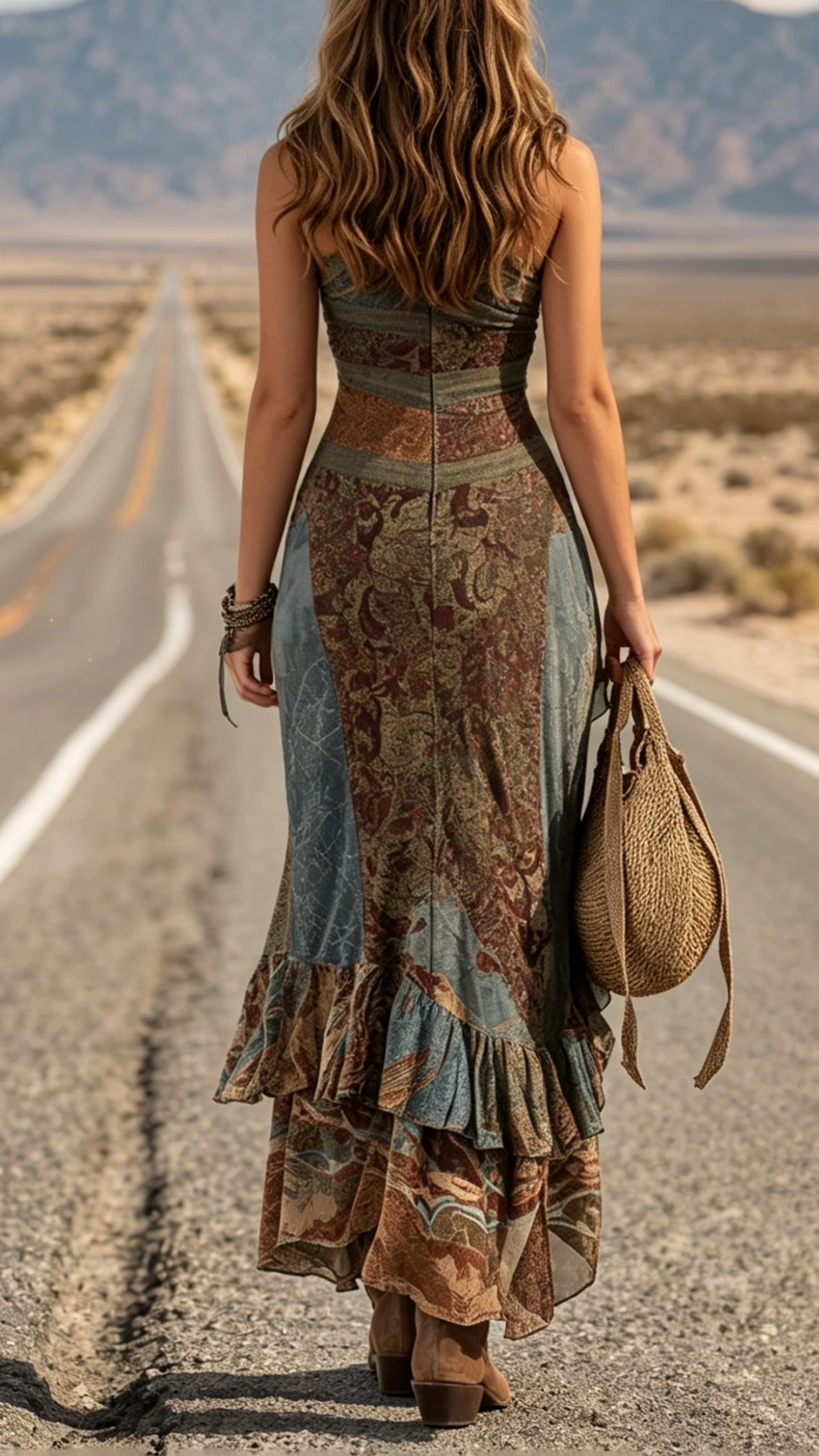 Women's Vintage-Style Spliced ​​Print Maxi Dress with Asymmetrical Ruffled Hem