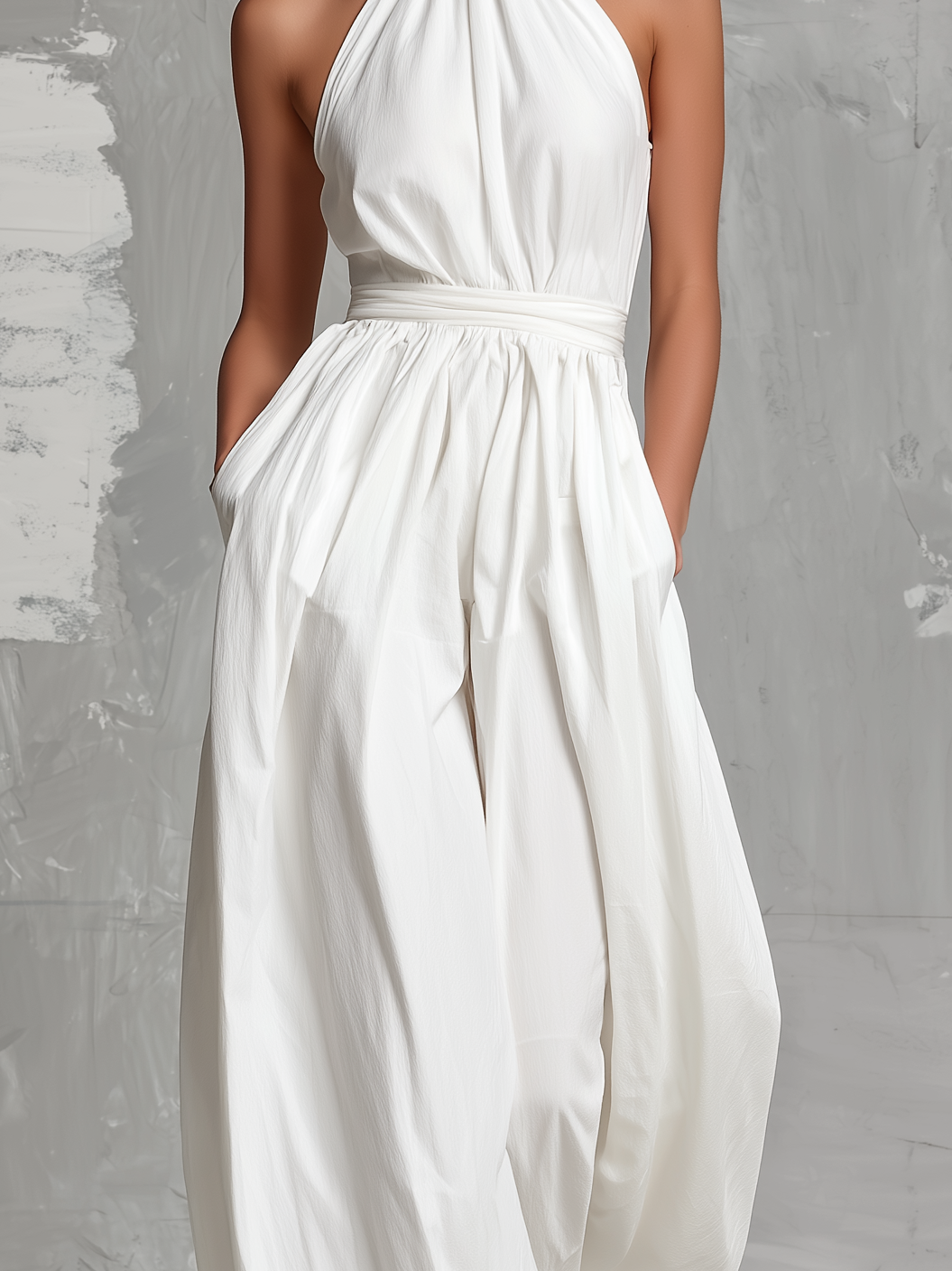 Women's Elegant White Woven Sleeveless Halter-neck Jumpsuit 