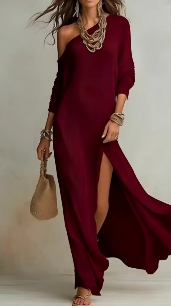 Women's Elegant Long-Sleeve Knitted Dress with Pleats and Slit