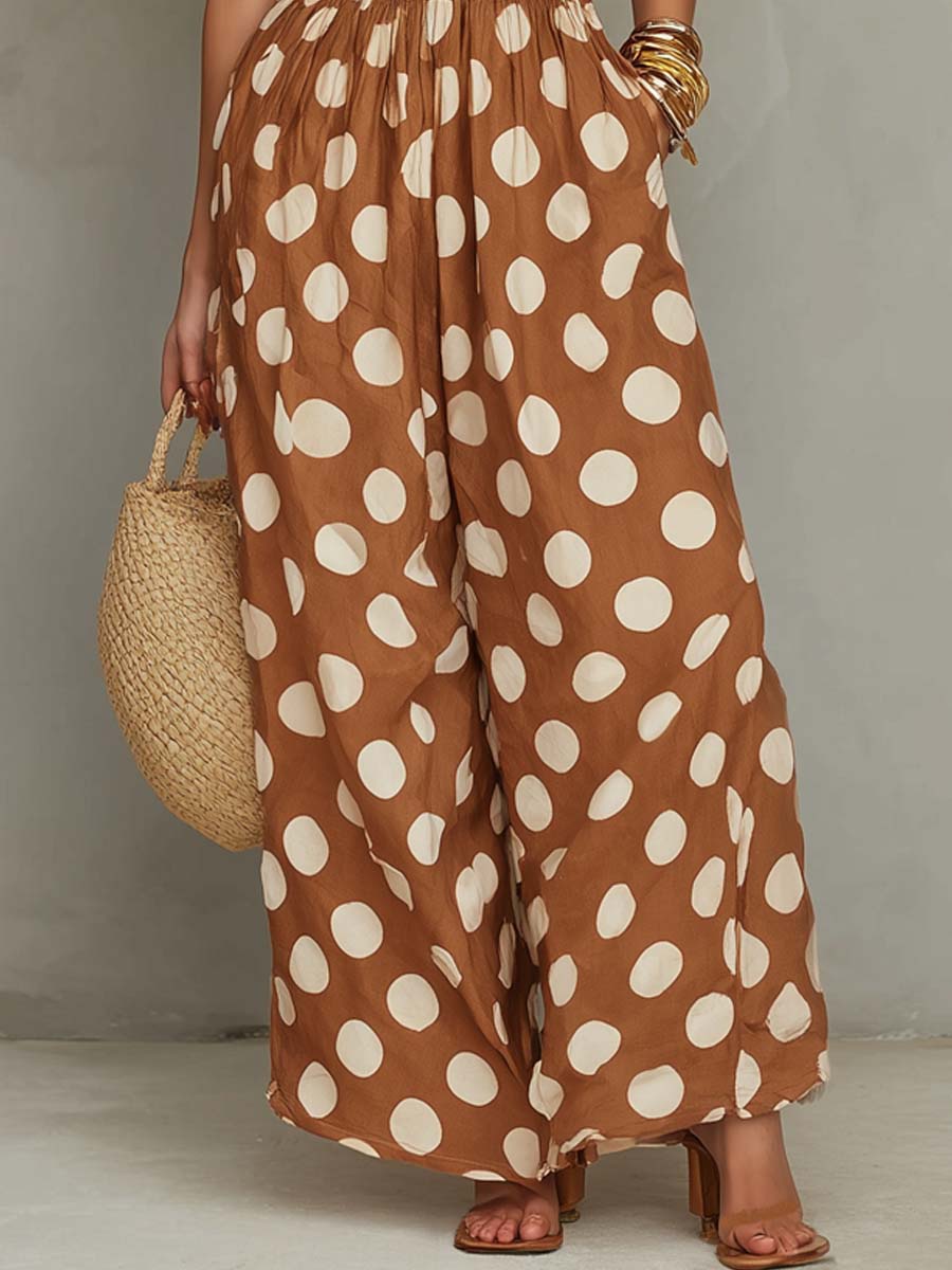 Bohemian Shirred-Waist Polka-Dot Jumpsuit