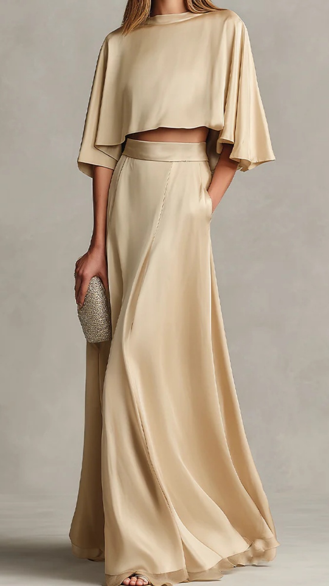 Women's Two-Piece Satin Maxi Dress Set with Shawl Sleeves