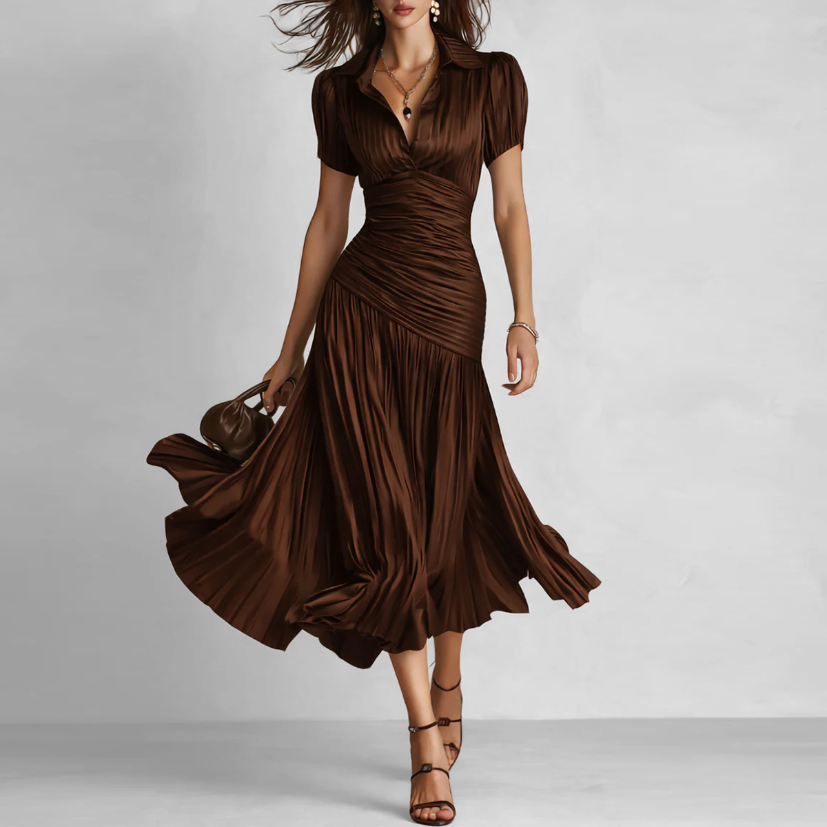 Women's Formal Striped Satin Pleated Flowy Hem Short Sleeve Midi Dress