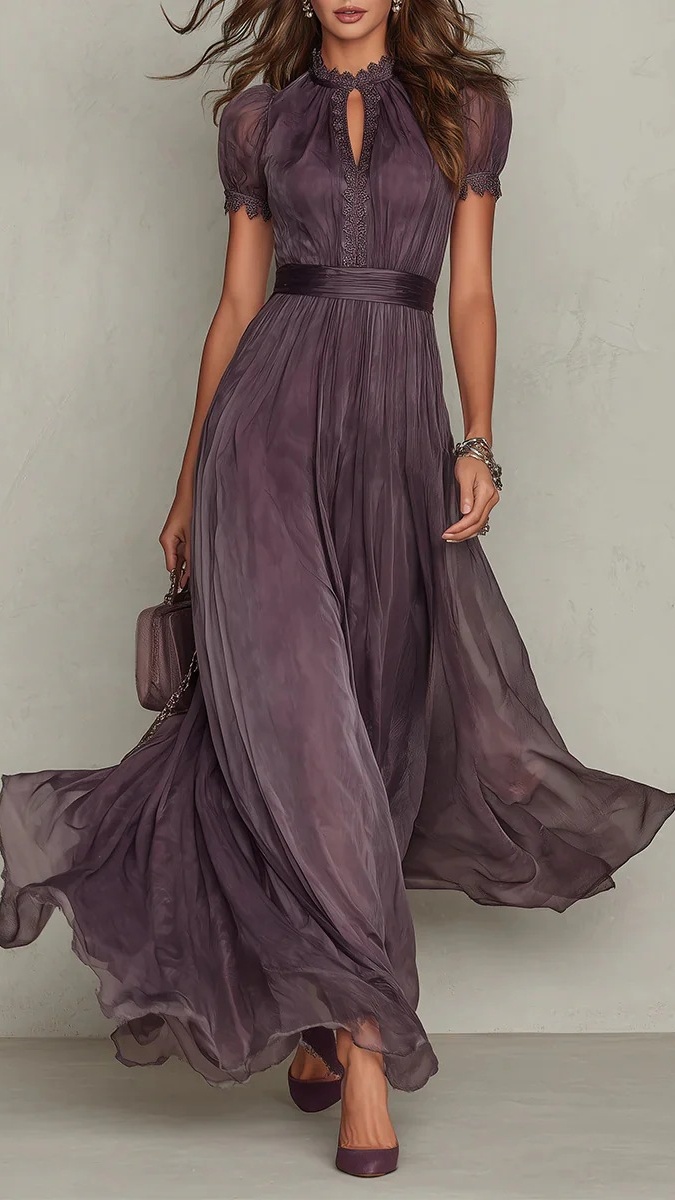 Women's High-Neck, Lace-Paneled, Flowy Chiffon Dress