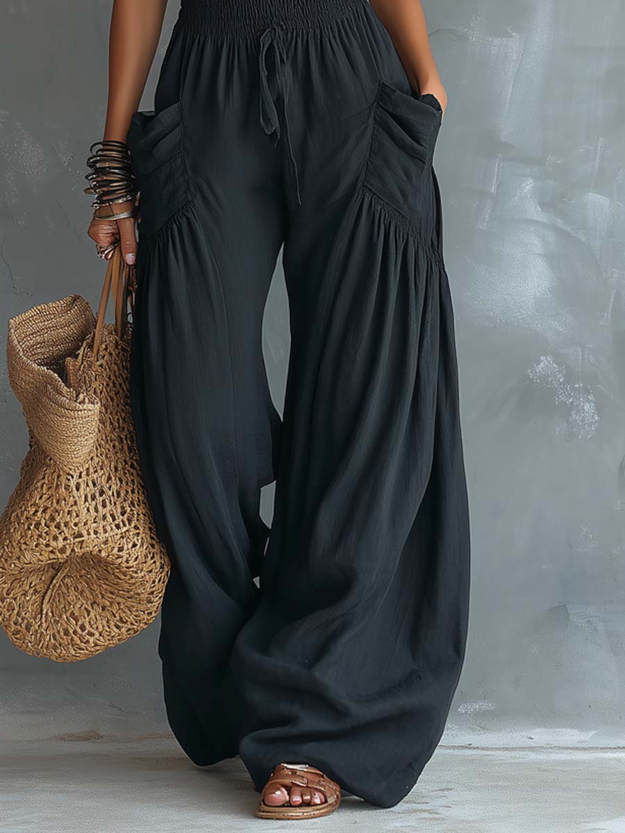 Retro Lace Halter-Neck Cotton-Linen Jumpsuit With Pockets