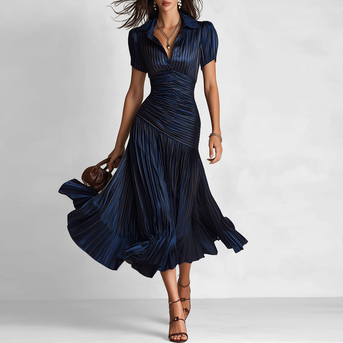 Women's Formal Striped Satin Pleated Flowy Hem Short Sleeve Midi Dress
