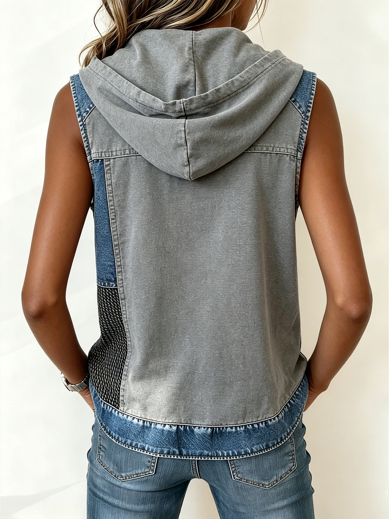 Women's Color Block Denim Patchwork Hooded Sleeveless Top Casual Loose Fit Tank