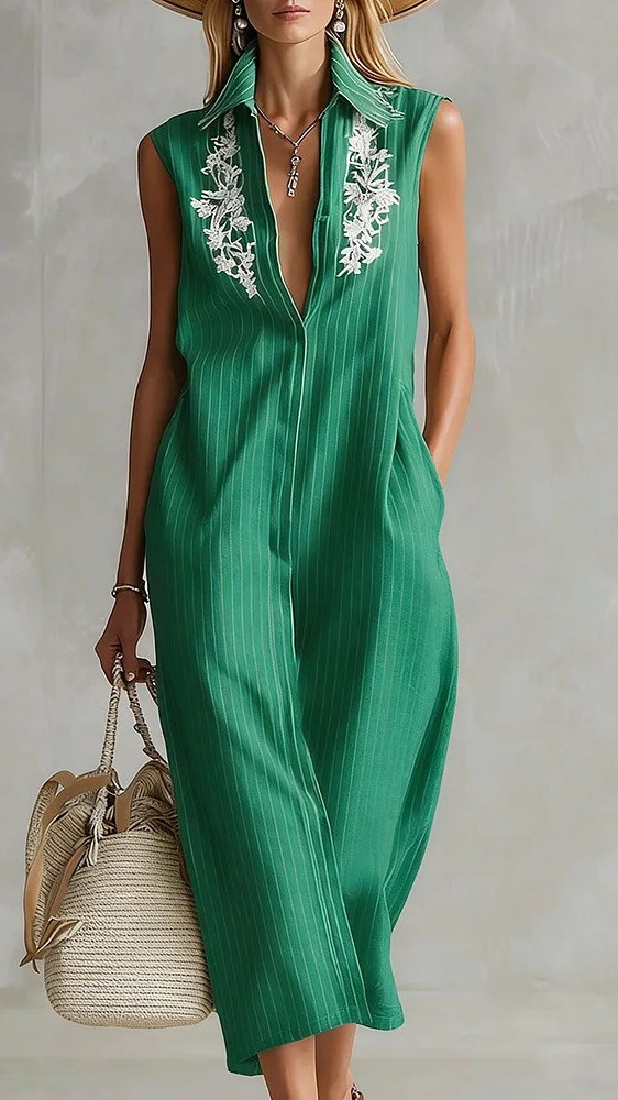 Women's Sleeveless V-Neck Striped Shirt Dress