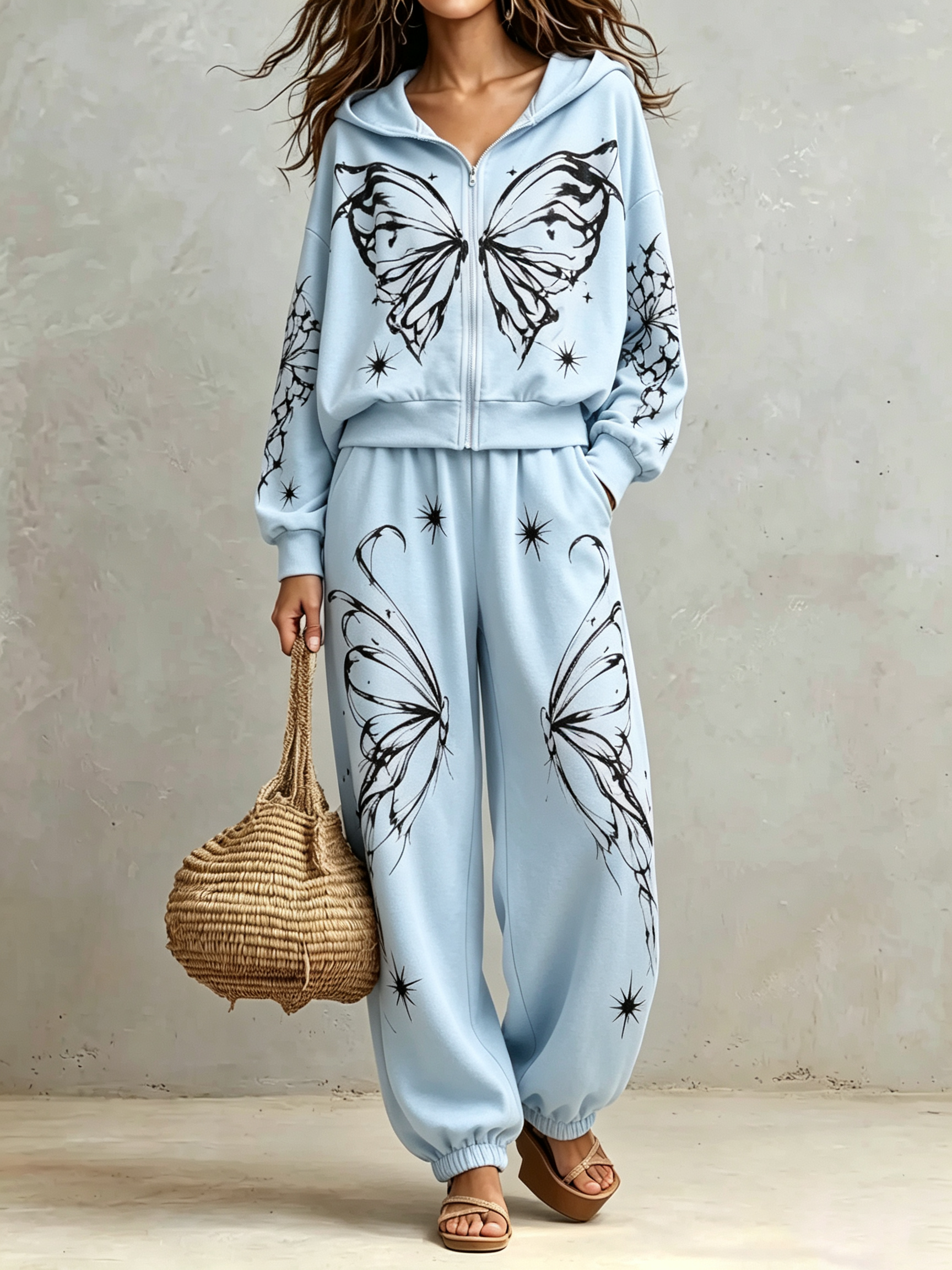 2‑Piece Graphic Co‑Ord Set | Zip‑Up Hooded Jacket & Jogger Pants Butterfly Star Print Casual Loungewear Outfit
