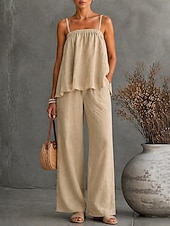 Linen Blend Cami Top & Wide Leg Pants Set – Loose Casual Two Piece Outfit