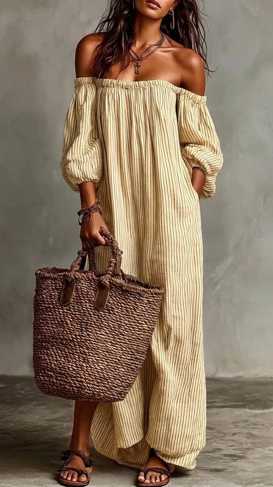 Women's Striped Off-Shoulder Cotton-Linen Vacation-Style Dress