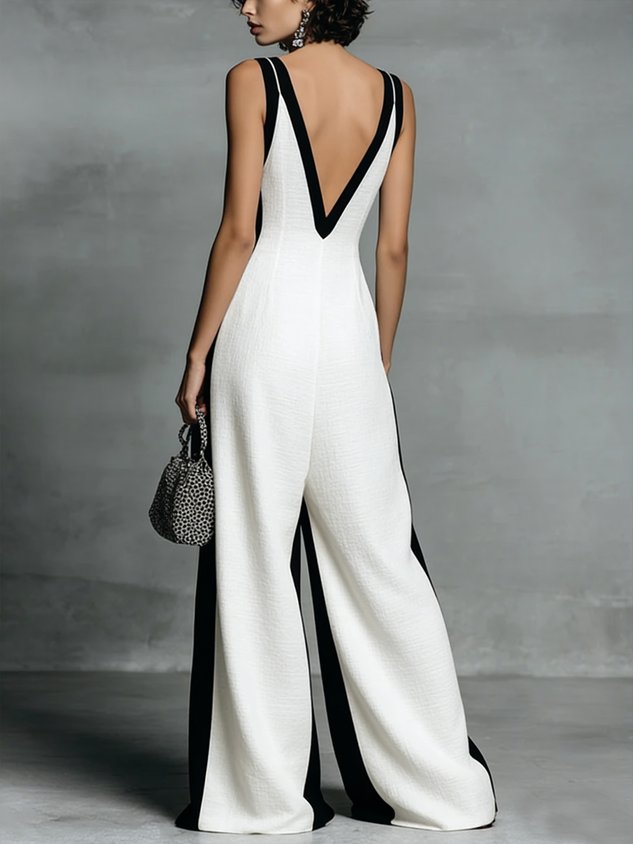 Cotton Casual Split Joint Color Block V Neck Tank Jumpsuit