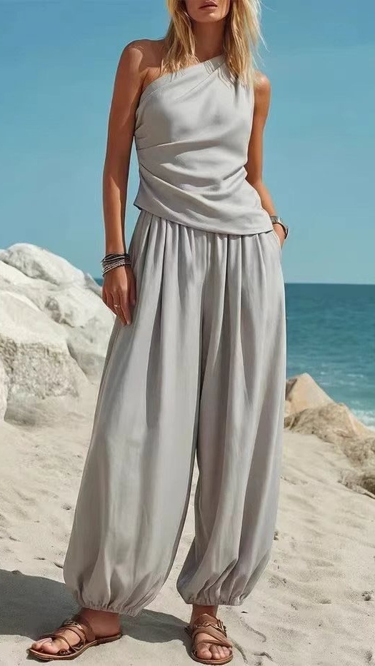 Women's Sleeveless Vest and Loose High-Waisted Trousers Two-Piece Set