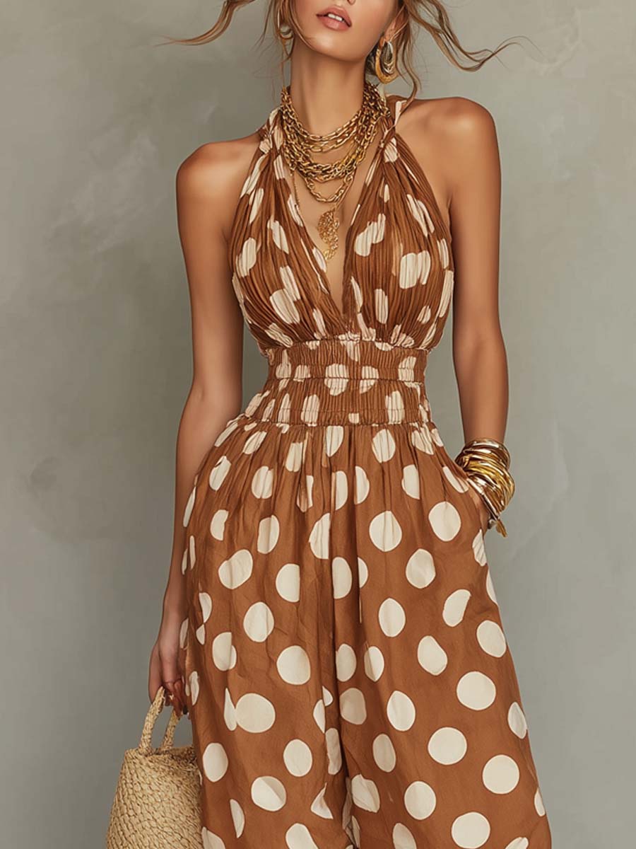 Bohemian Shirred-Waist Polka-Dot Jumpsuit