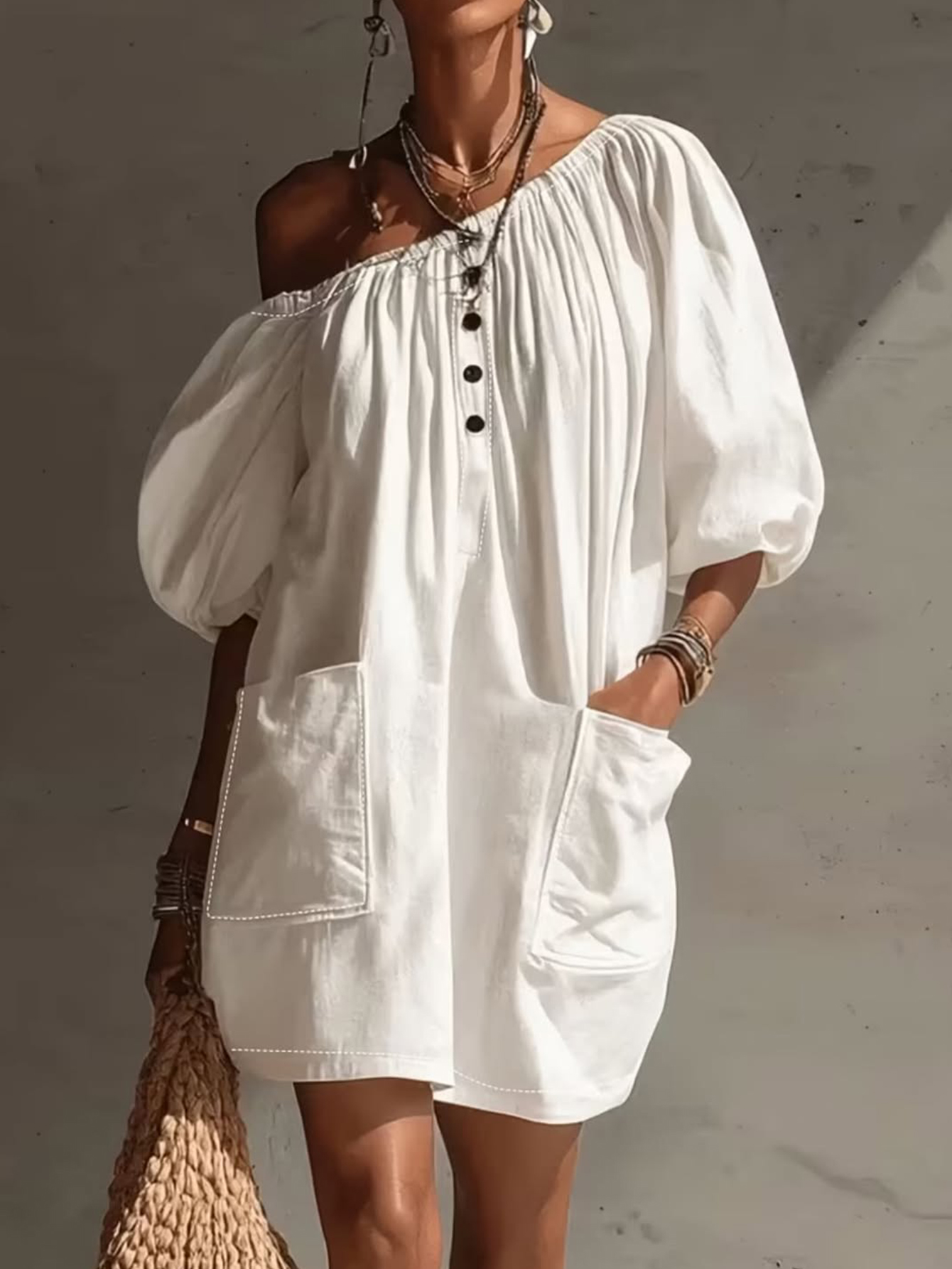 Off-Shoulder Puff Sleeve Mini Dress – Button Front Loose Fit Pocket Dress