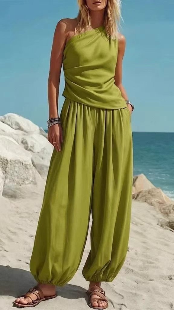 Women's Sleeveless Vest and Loose High-Waisted Trousers Two-Piece Set