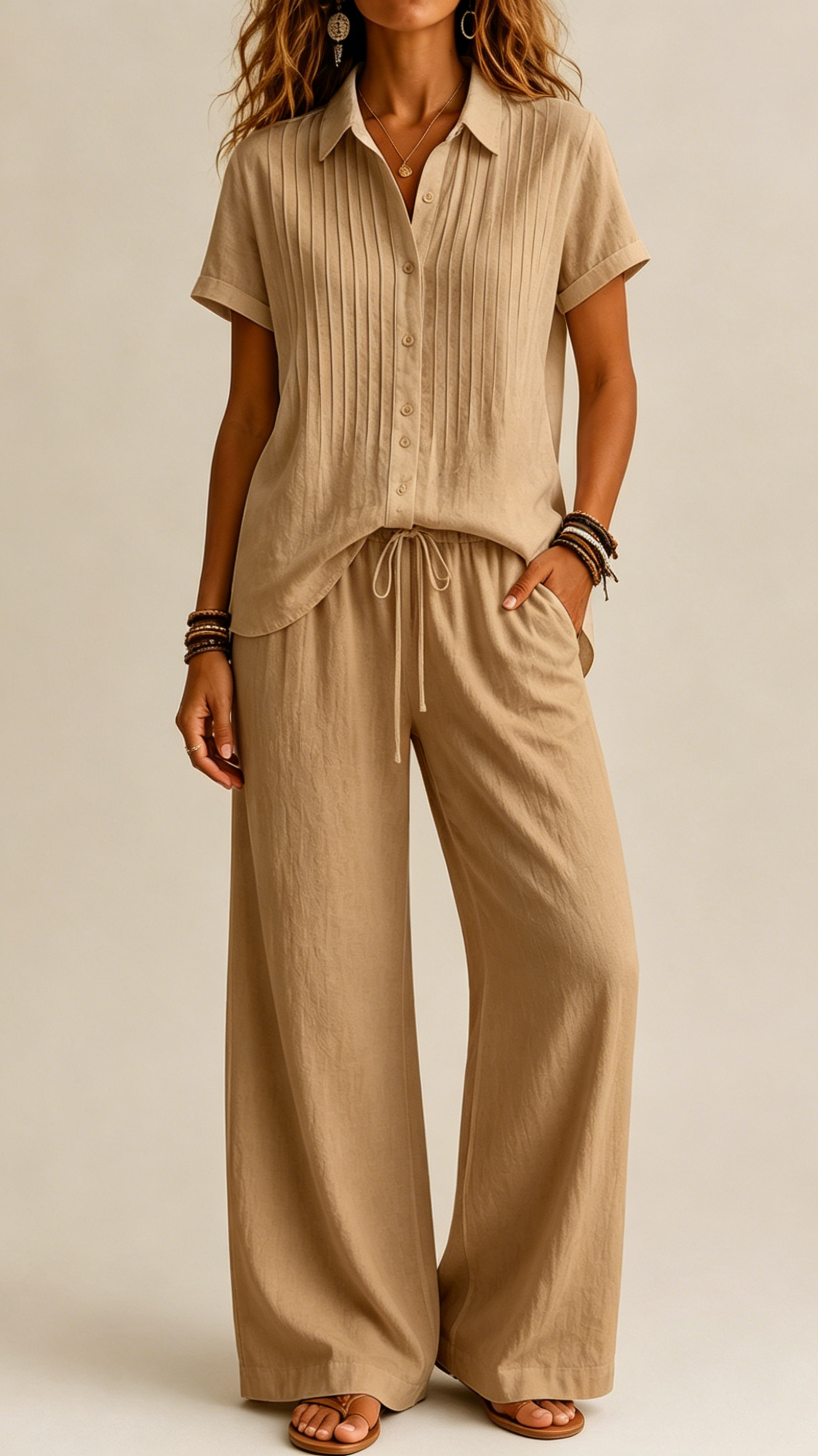 Front Pleated Short Sleeve Shirt & Drawstring Wide Leg Pants Two-Piece Matching Set