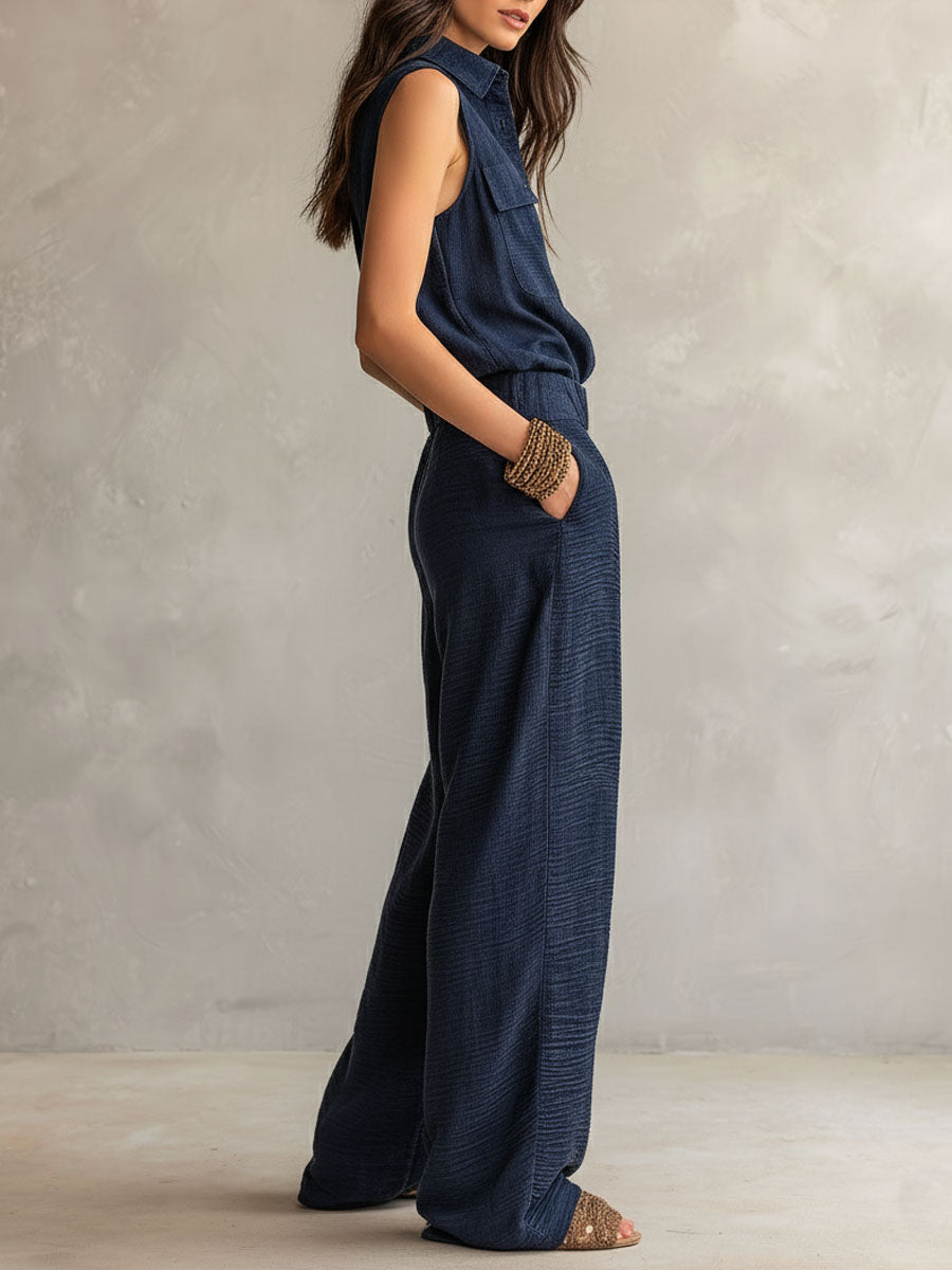 Boho Midnight Slate Texture Belted Utility Jumpsuit
