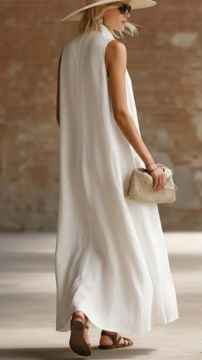 Women's Loose-Fit Stand-Collar Linen-Cotton Dress