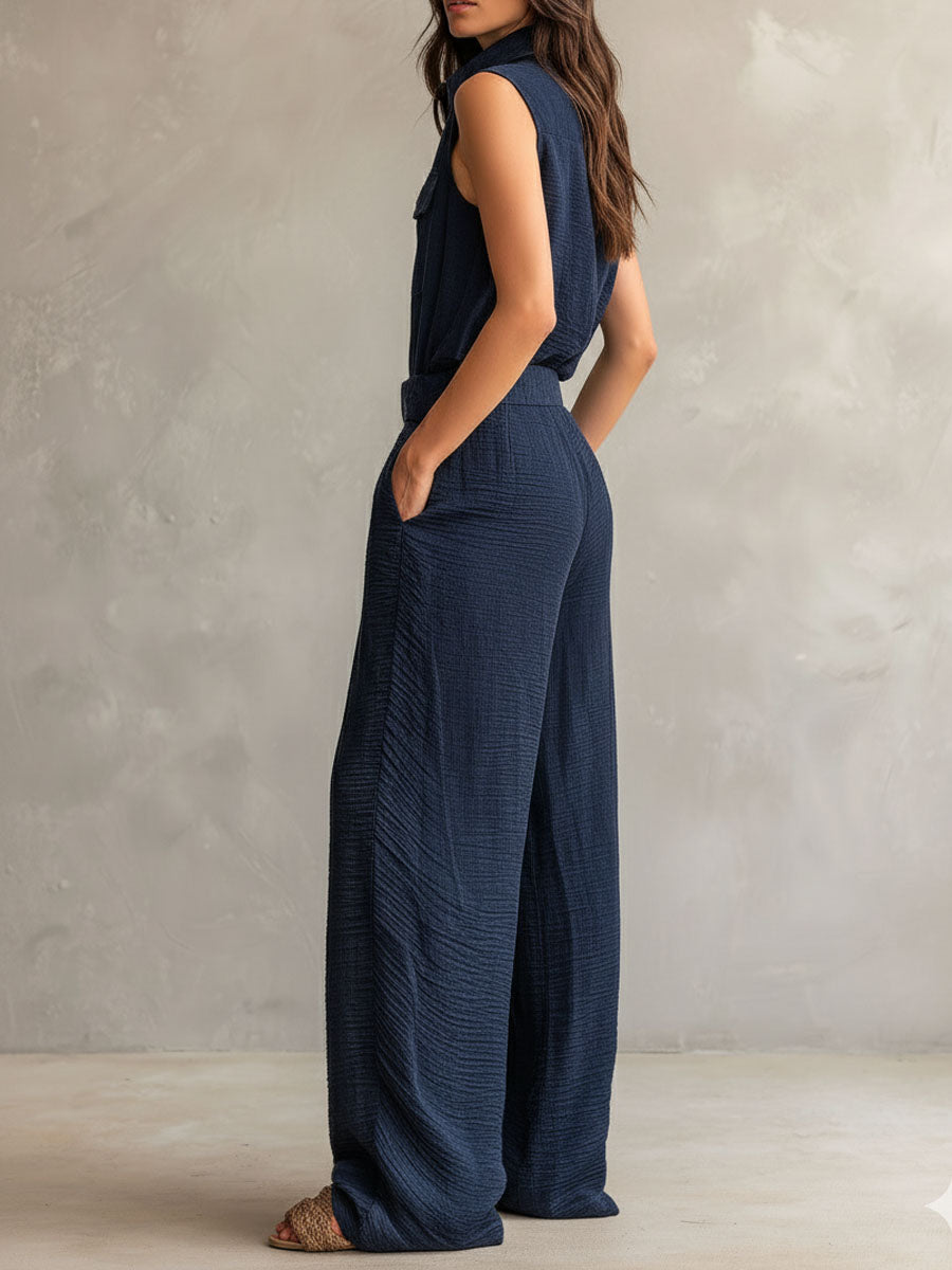 Boho Midnight Slate Texture Belted Utility Jumpsuit