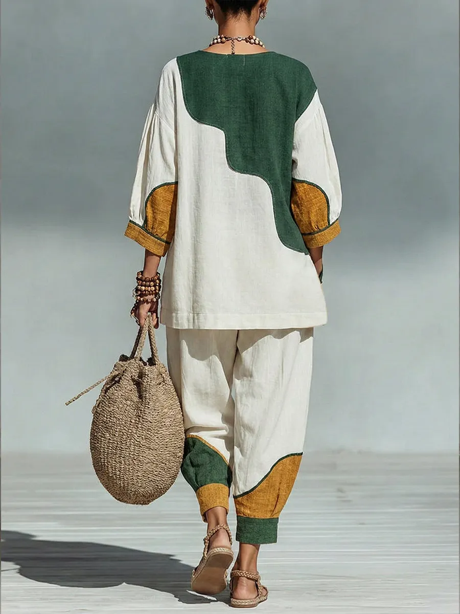 Casual Artistic Color-blocked Linen And Cotton Top And Pants Two-piece Set