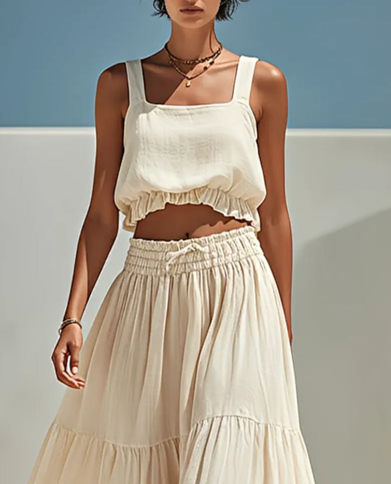 Women's Beige Linen-Blend Two-Piece Set With Square Neck Crop Tank Top & Tiered Maxi Skirt, Casual Summer Resort Outfit
