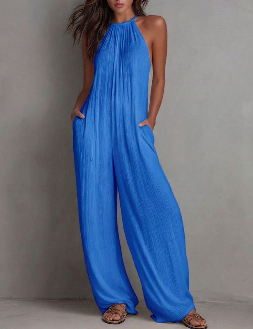 Minimalist Halter-neck Loose Cotton-linen Jumpsuit