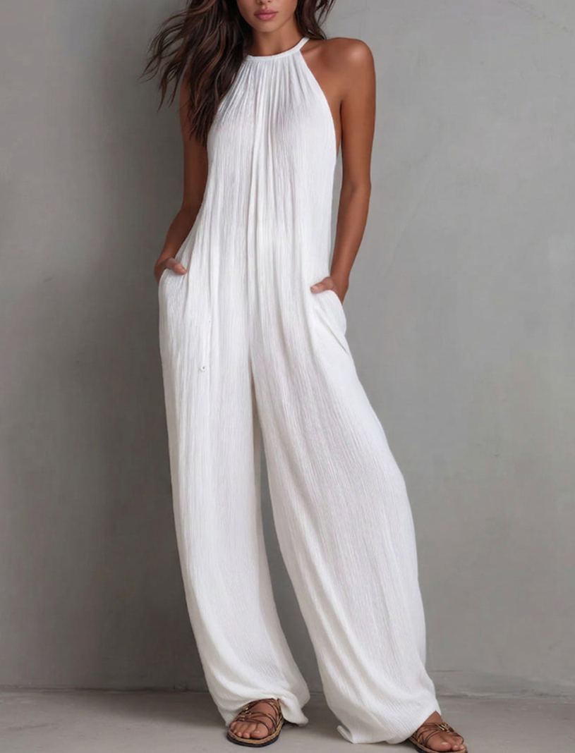 Minimalist Halter-neck Loose Cotton-linen Jumpsuit