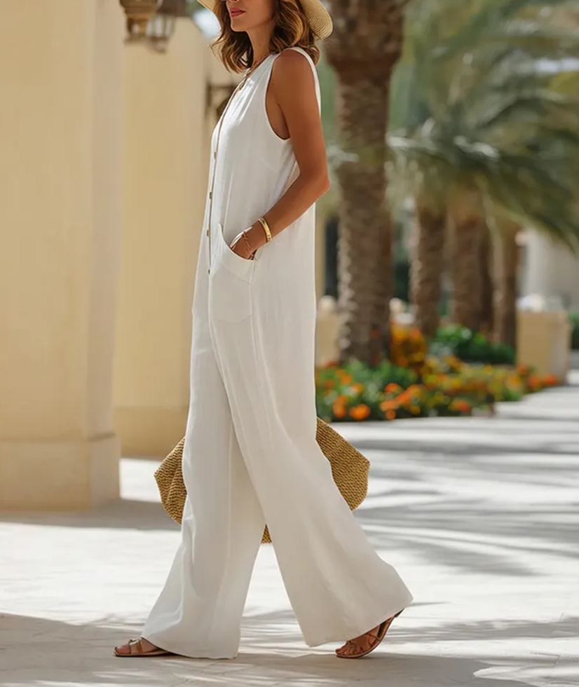 Minimalist & Cozy Button-front Cotton Linen Wide-leg Jumpsuit