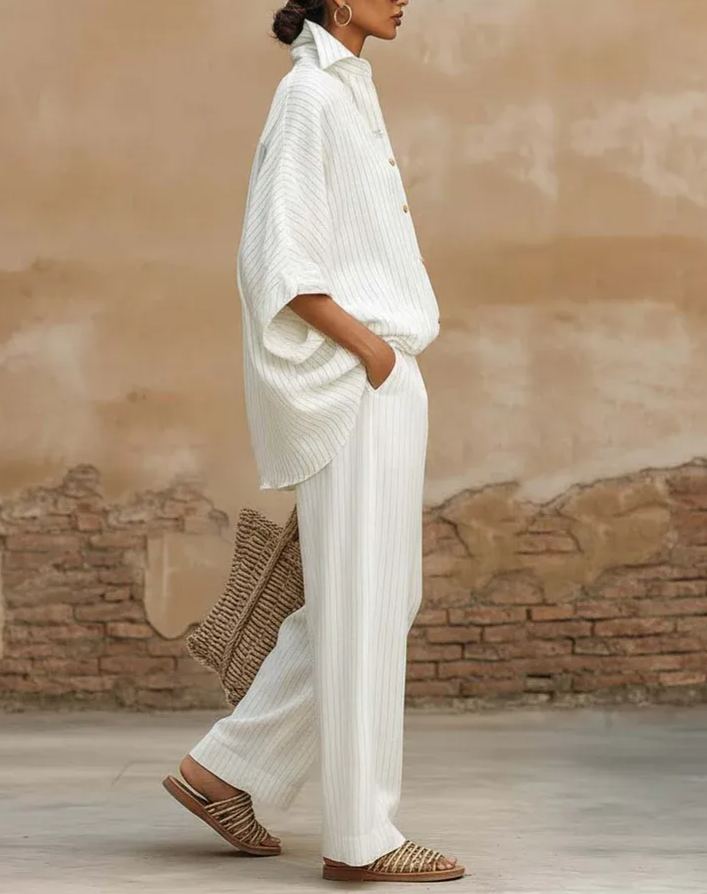 Elegant Classic Striped Shirt And Wide-leg Pants Two-piece Set