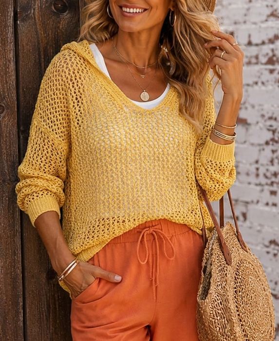 Women's Eyelet Top Eyelet Knit Bohemia Long Sleeve V Neck Casual Beach