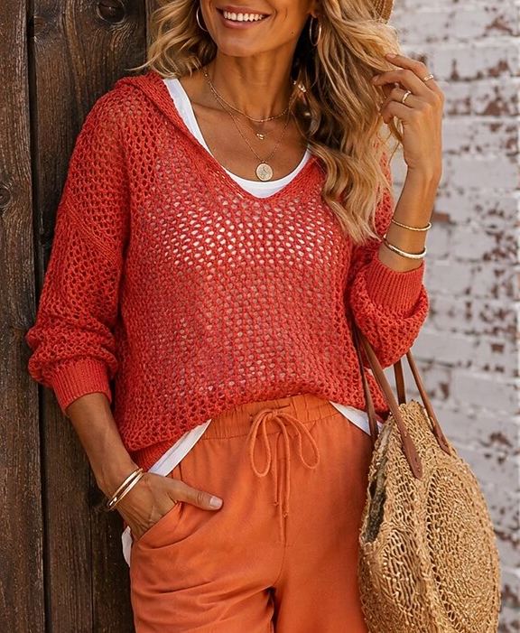 Women's Eyelet Top Eyelet Knit Bohemia Long Sleeve V Neck Casual Beach