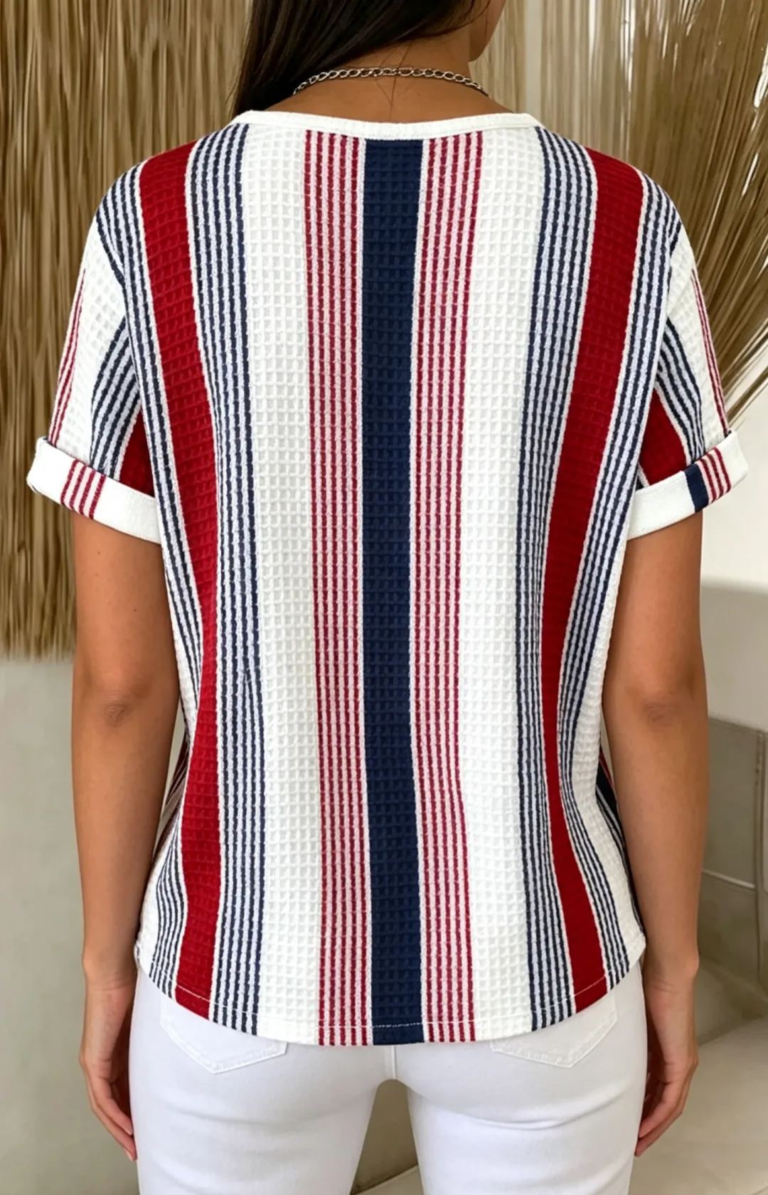 Waffle Knit Colorful Striped Henley Neck Rolled Short Sleeve Top