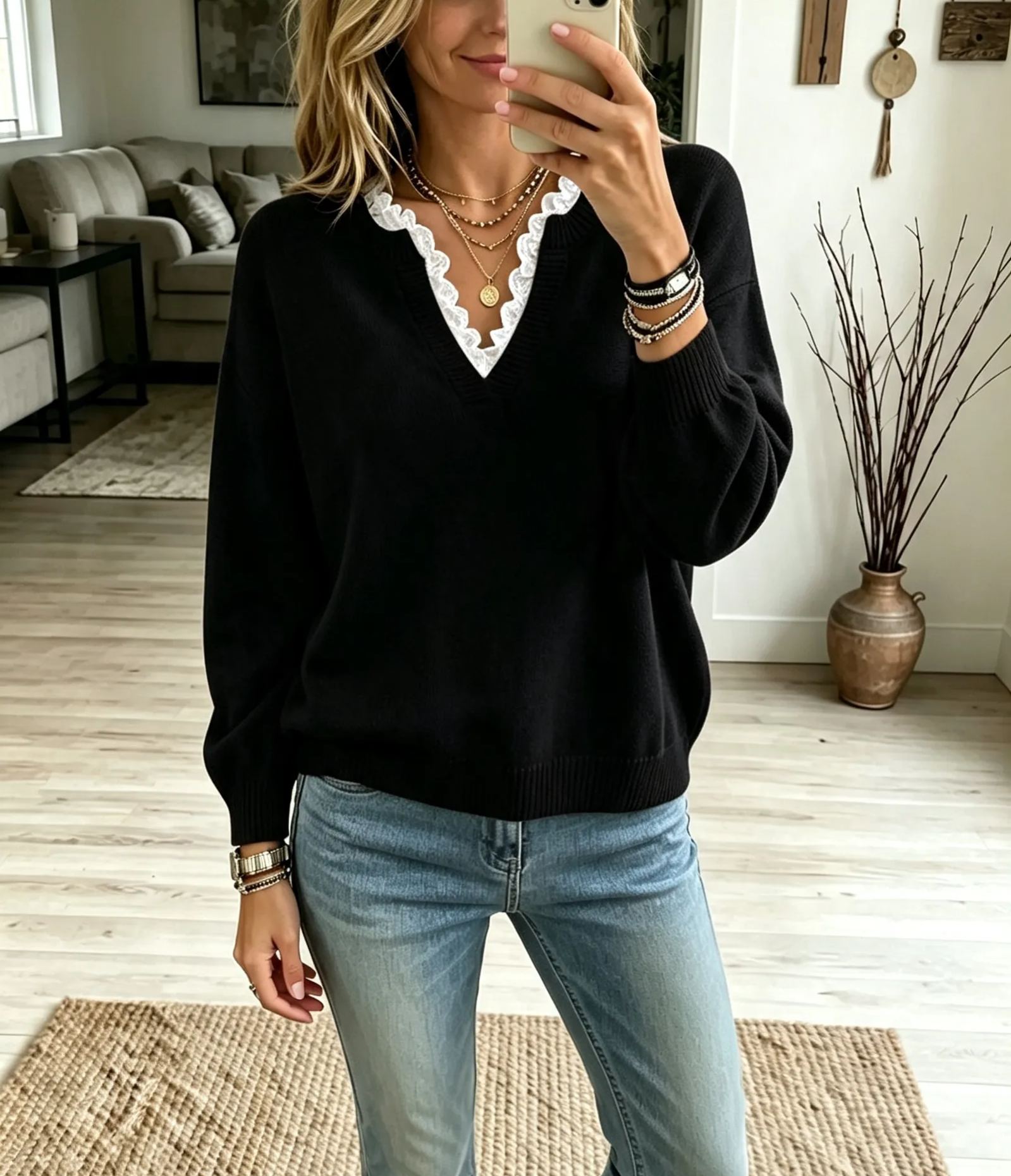 Pink Lace Trim V-Neck Knit Sweater, Casual Long Sleeve Pullover