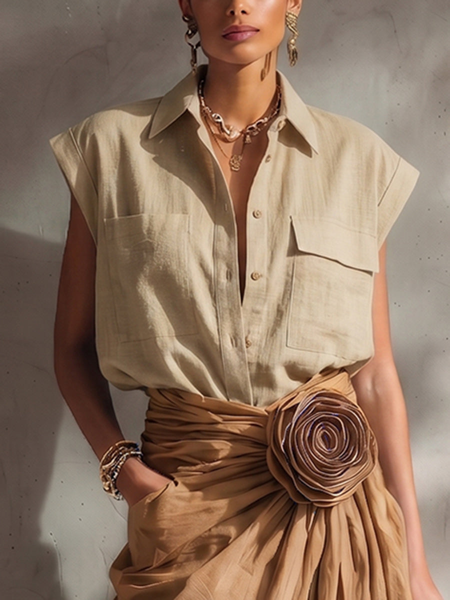 Elegant & Minimalist Polo Collar Cotton-linen Shirt And Skirt Two-piece Set