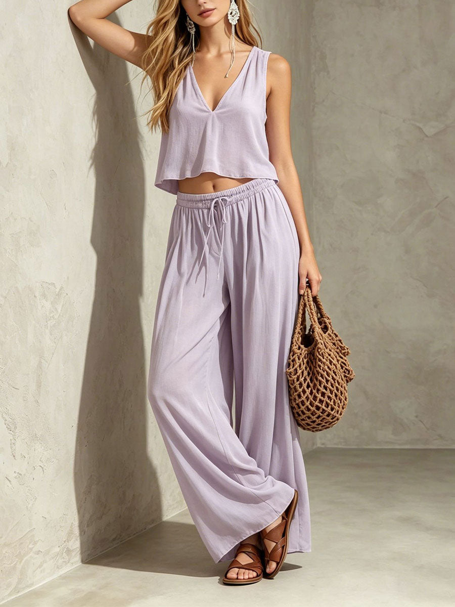 Women's Vintage Cotton-linen V-neck Sleeveless Top And Trousers Set