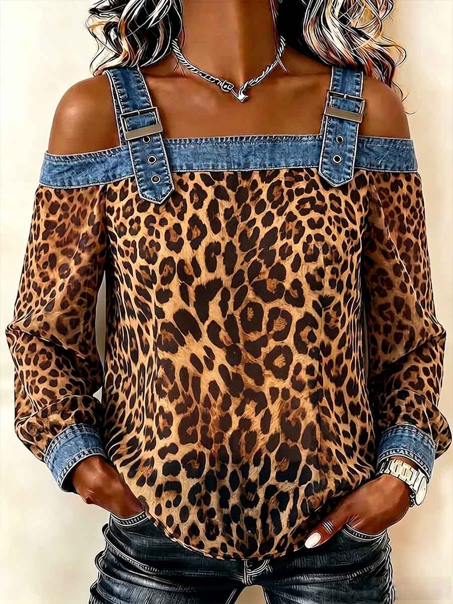 Women's Leopard Print Long-sleeve Casual Loose Denim Top With Chiffon Panels