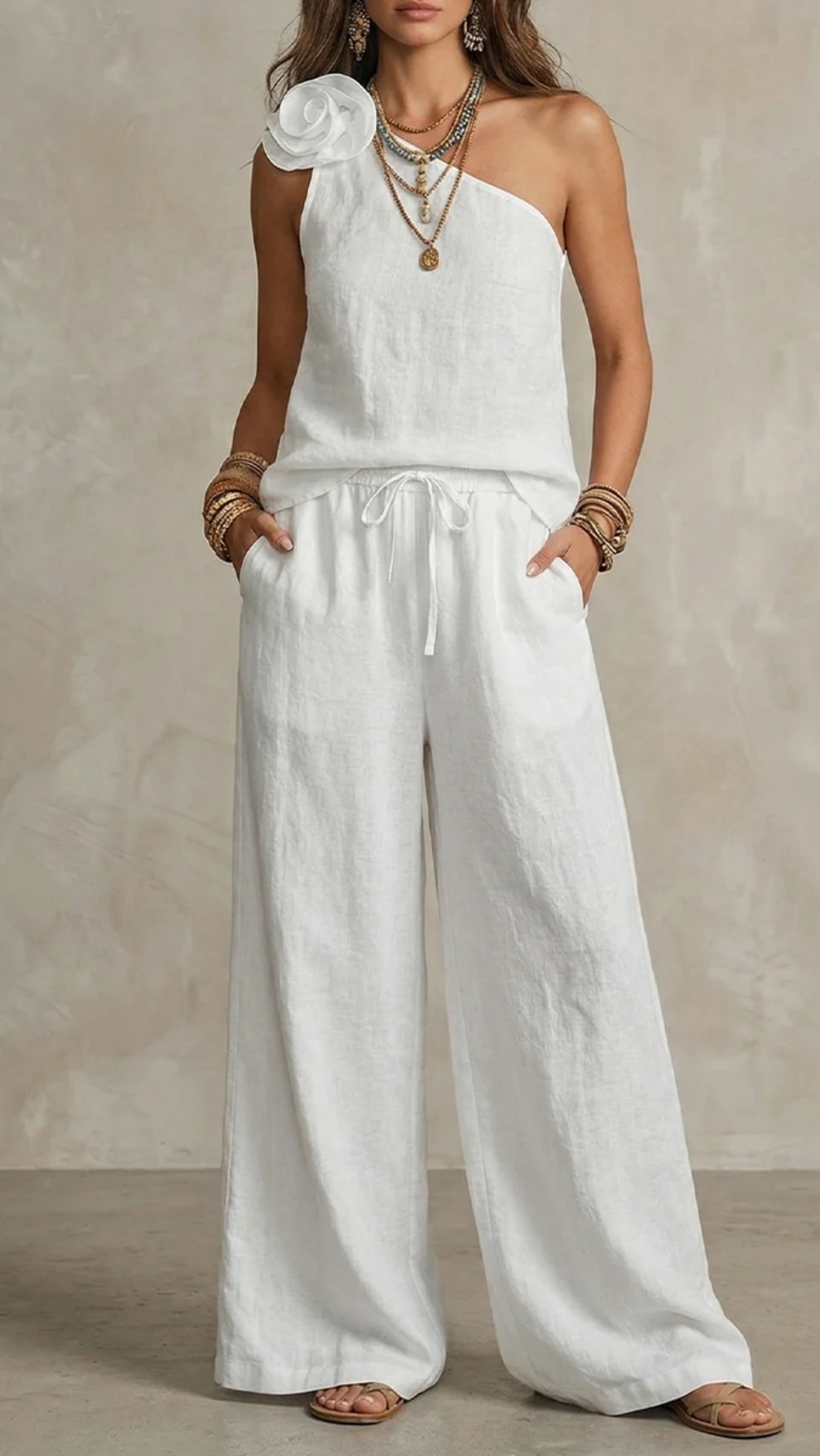 Women's Two-Piece Set: One-Shoulder Strap Top & T-Shirt