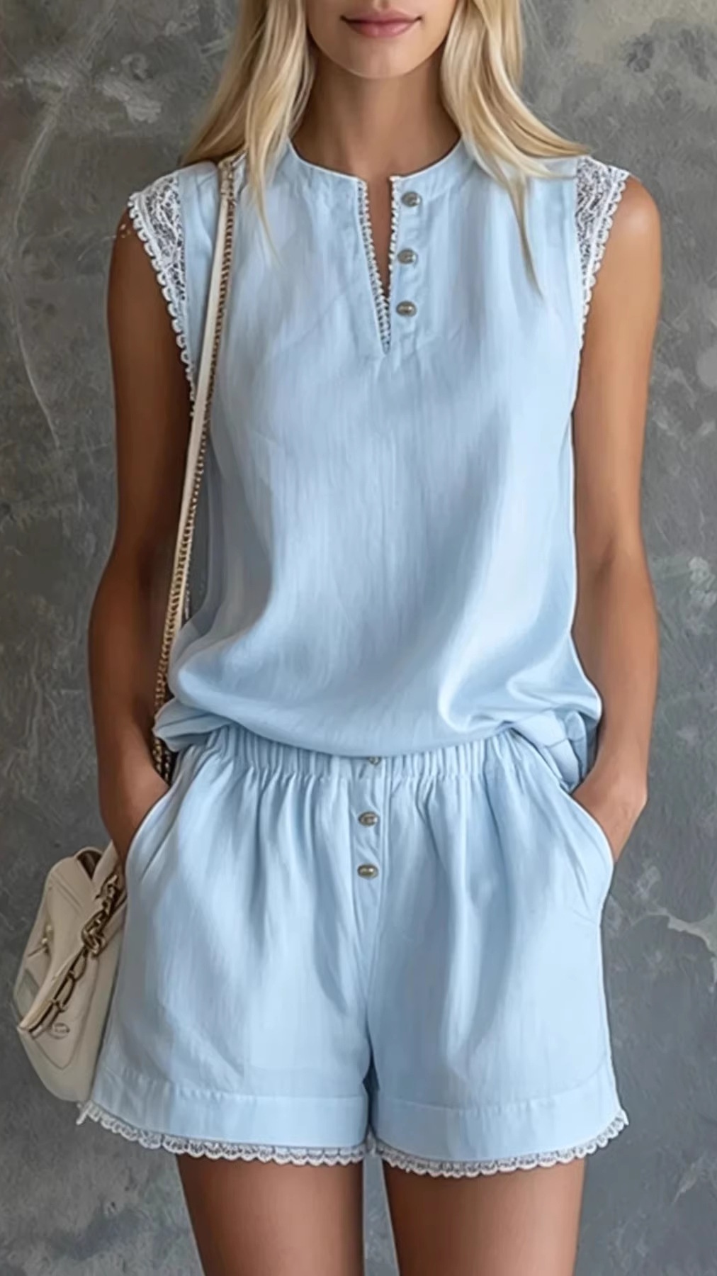 Women's Solid-Color V-Neck Button-Front Short-Sleeve & Shorts Casual Two-Piece Set