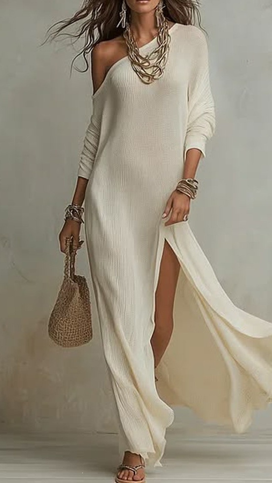 Women's Elegant Long-Sleeve Knitted Dress with Pleats and Slit