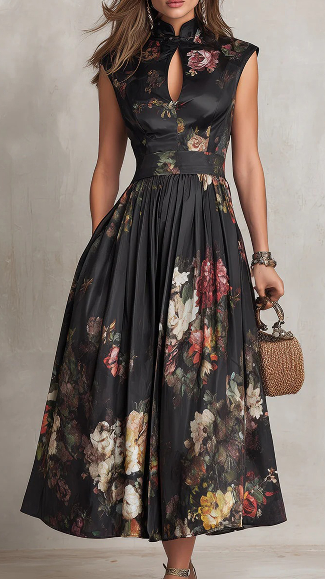 Vintage Floral Print Mock Neck Keyhole Waist-Tie Midi Dress