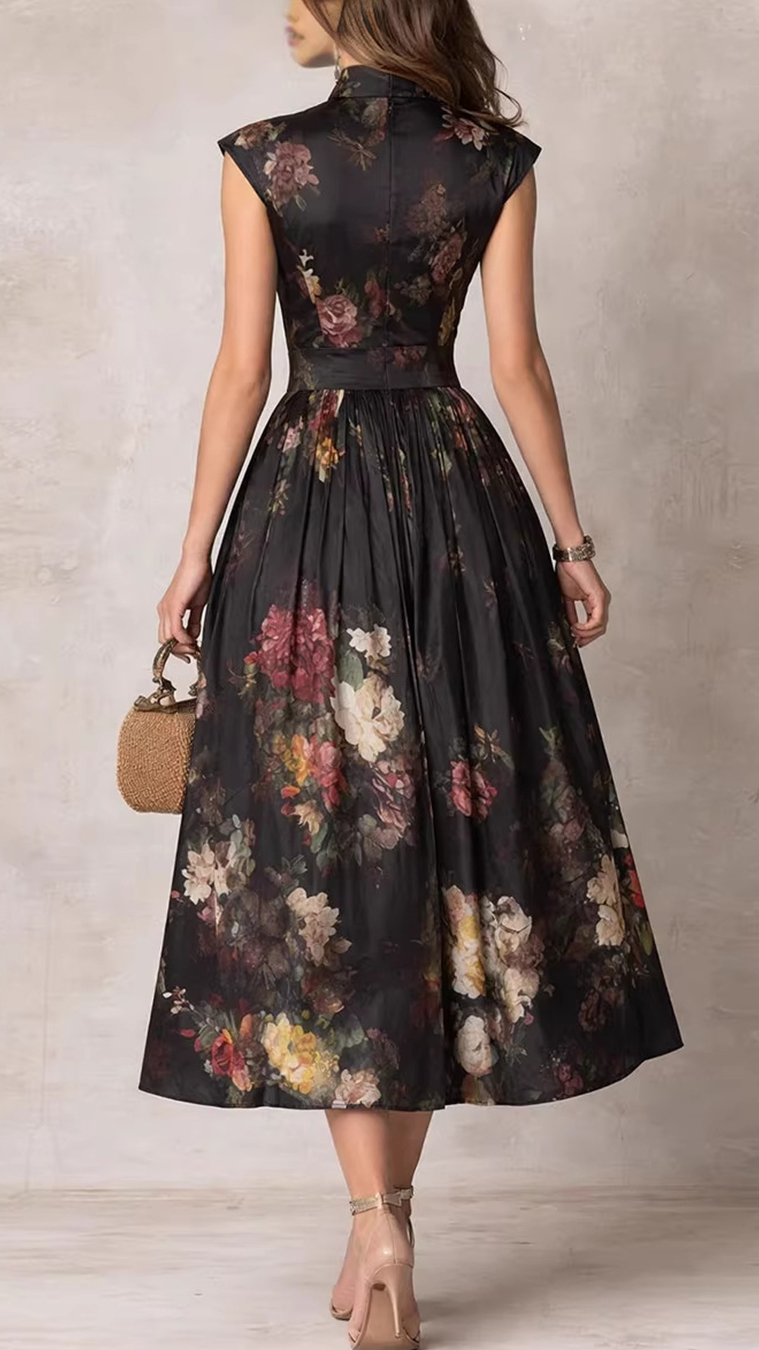 Vintage Floral Print Mock Neck Keyhole Waist-Tie Midi Dress