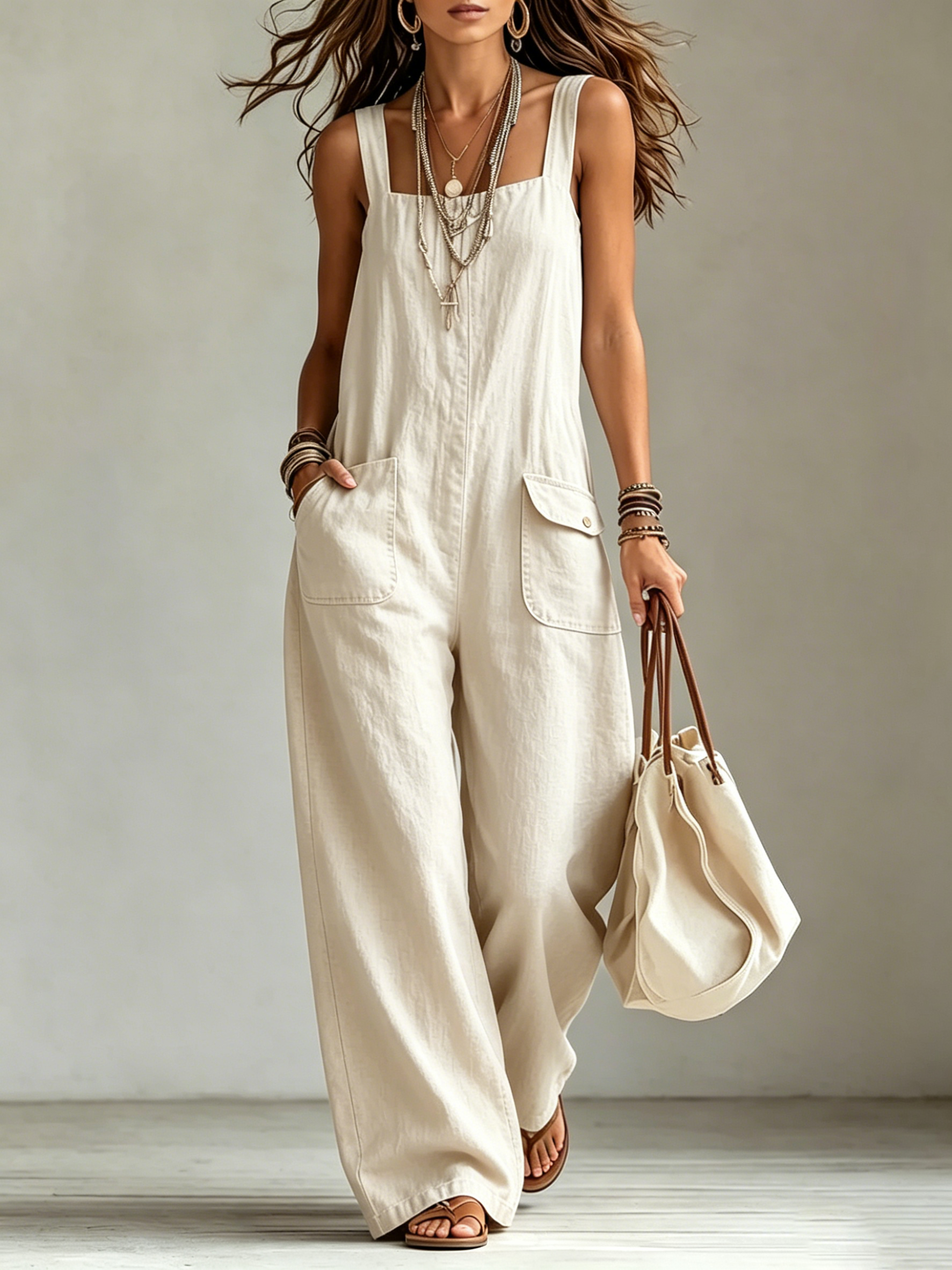 Square Neck Linen-Blend Wide-Leg Jumpsuit