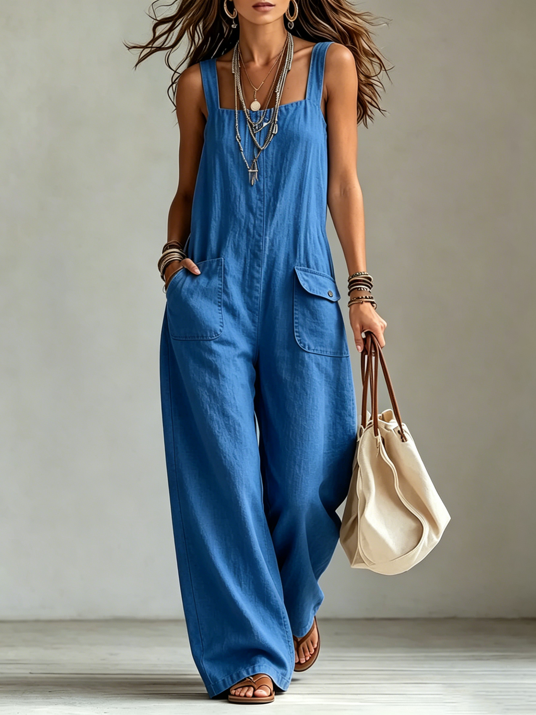 Square Neck Linen-Blend Wide-Leg Jumpsuit