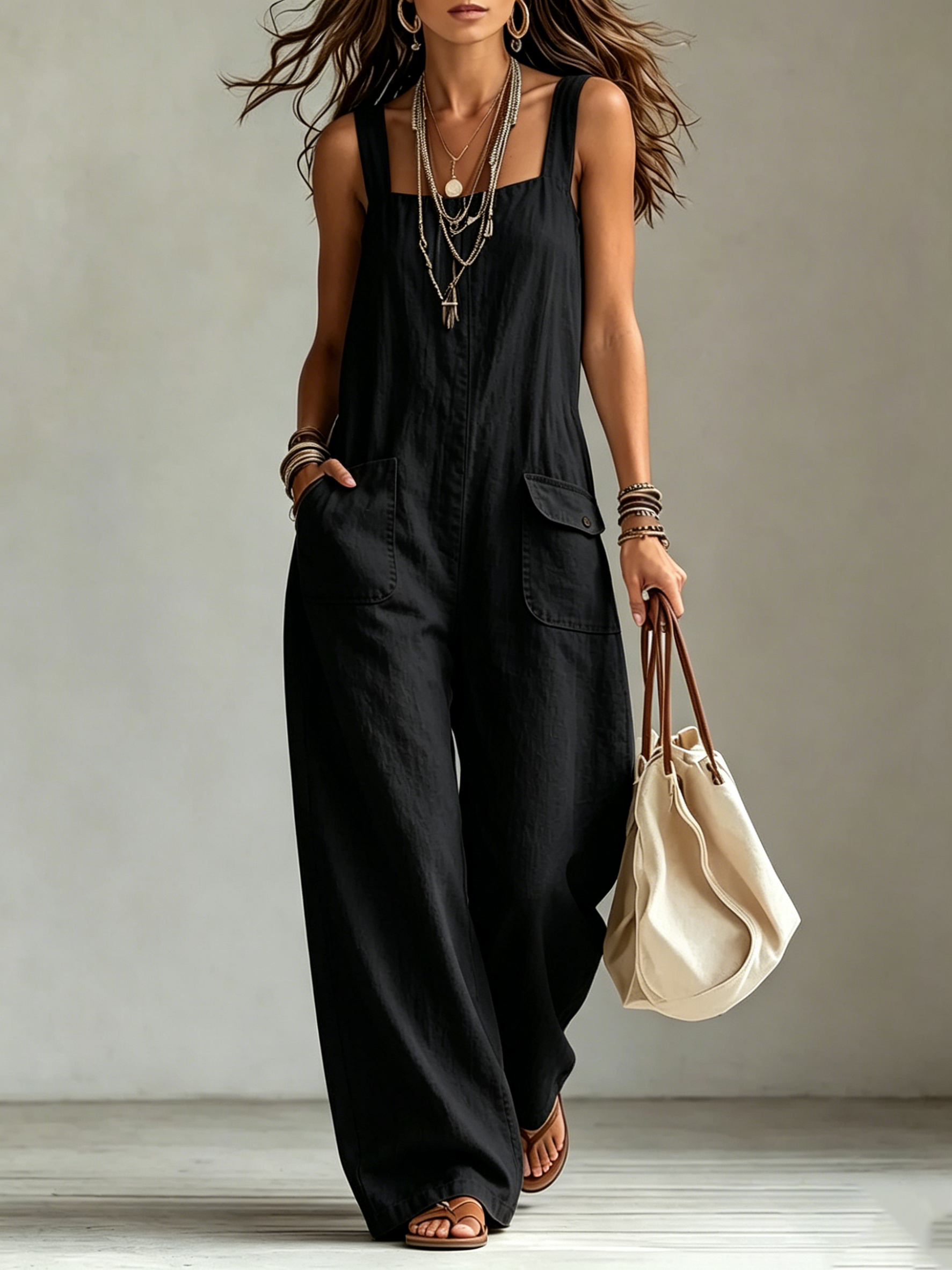 Square Neck Linen-Blend Wide-Leg Jumpsuit