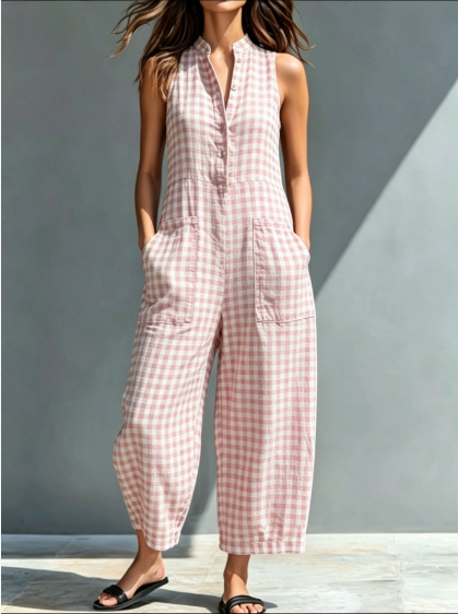 Women's Simple Linen Blend Button-Down Collar Plaid Sleeveless Loose Jumpsuit
