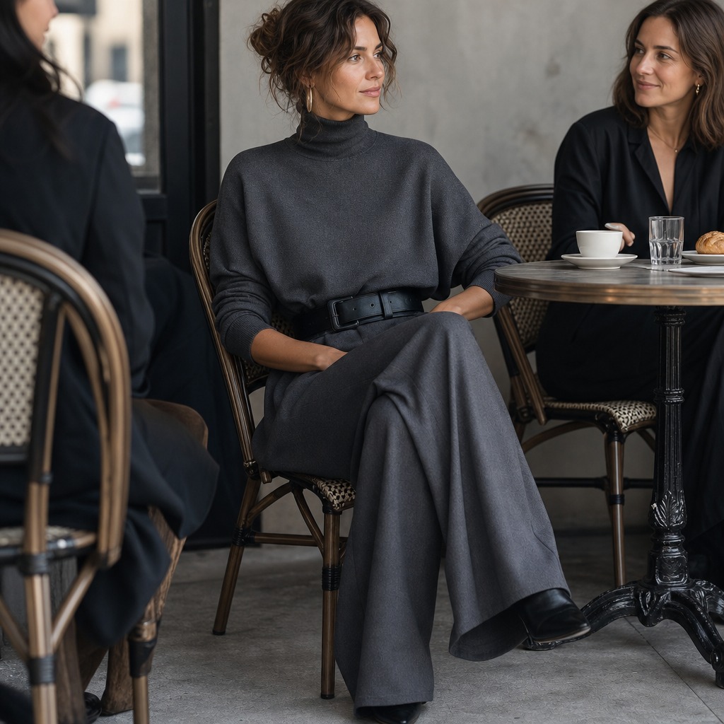 High-Waist Turtleneck And Trouser Set With Belt