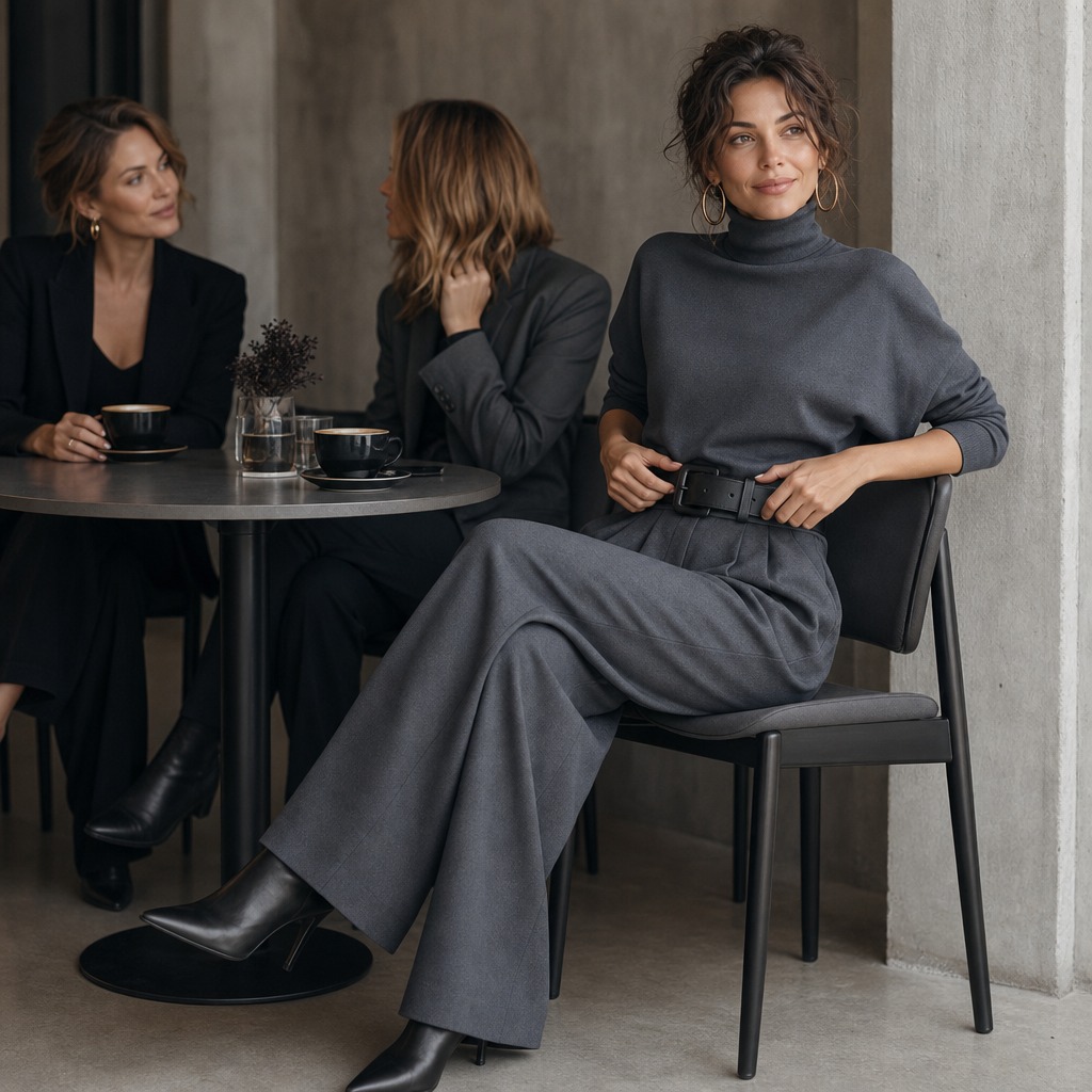 High-Waist Turtleneck And Trouser Set With Belt